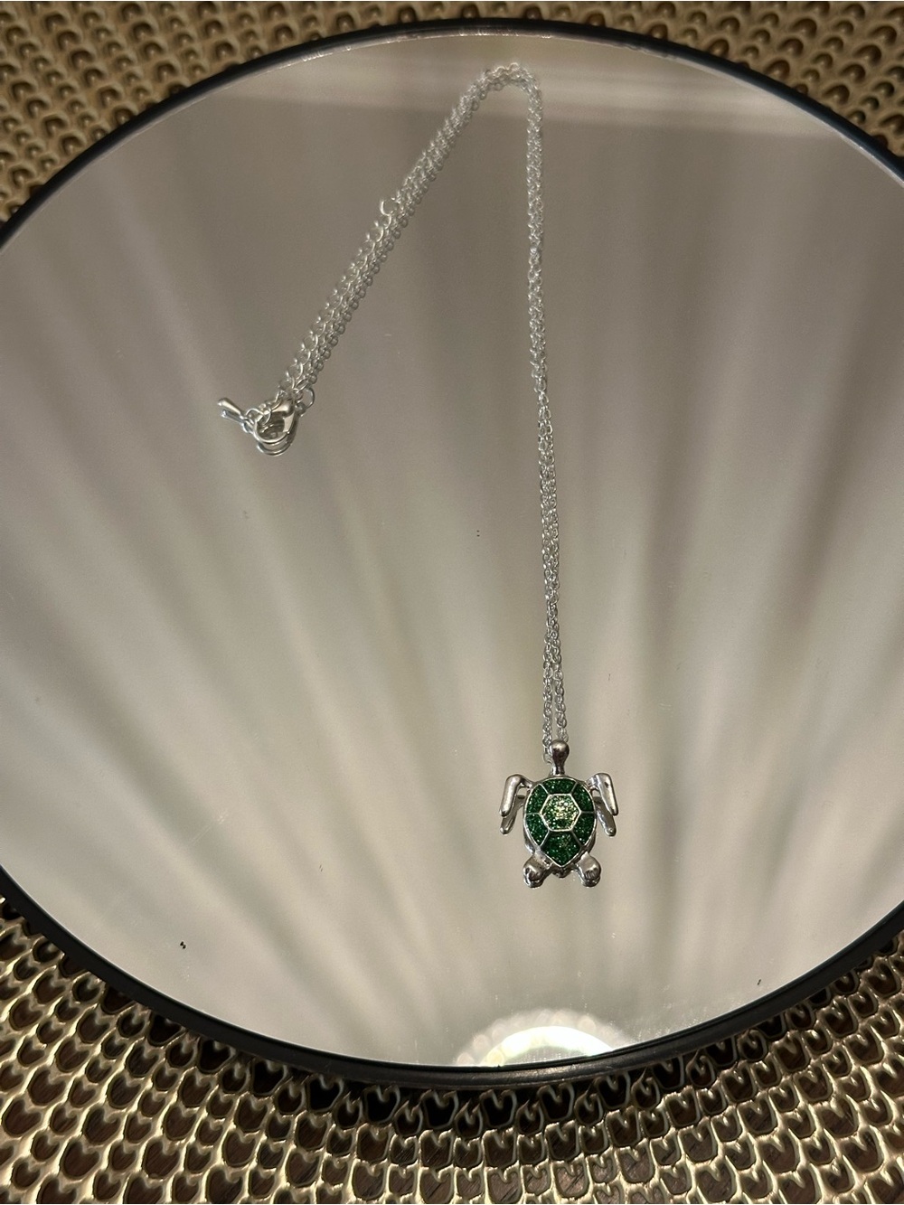 Silver Turtle Pendant Necklace with Green Sparkle Shell - Picture 2 of 2